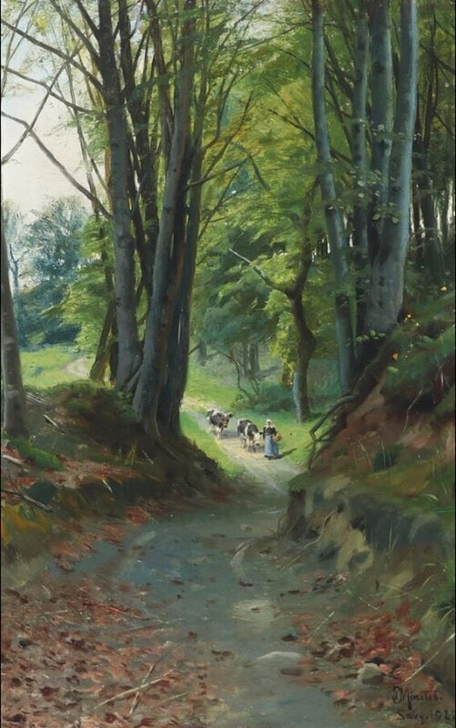 Monsted Peder Forest Scenery With A Woman And Her Cows 1922 museum quality