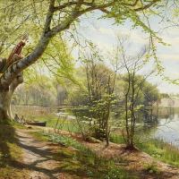 Monsted Peder Gronskande Varlandskap Med Sittande Barn Vid Strandkant 1897
