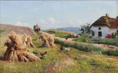 art oil painting reproduction of  Monsted Peder Harvest Scene 1924 museum quality handmade