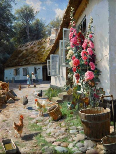 art oil painting reproduction of  Monsted Peder Hollyhock Farm museum quality handmade