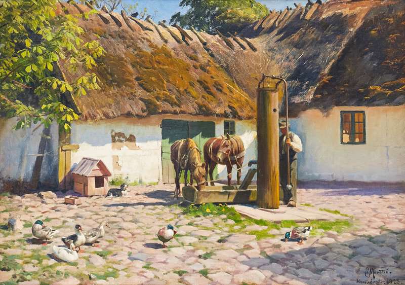 Monsted Peder Horses Drinking Water From A Well By A Farm House 1923 museum quality