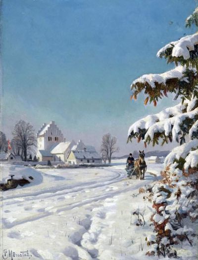 art oil painting reproduction of  Monsted Peder In A Snowy Landcape museum quality handmade
