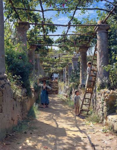 art oil painting reproduction of  Monsted Peder In The Shadow Of An Italian Pergola 1884 museum quality handmade