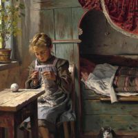 Monsted Peder Interior From A Peasant S House With A Young Girl Crocheting By The Window 1905