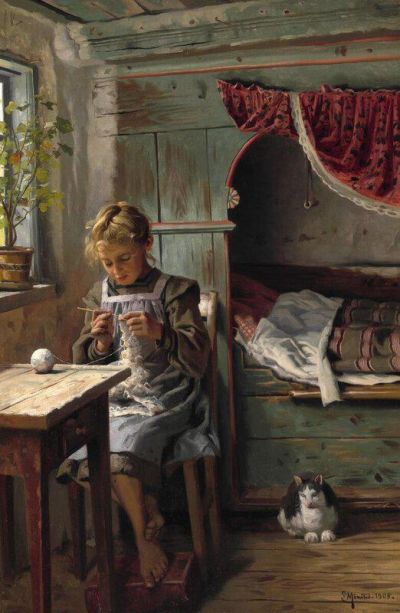 art oil painting reproduction of  Monsted Peder Interior From A Peasant S House With A Young Girl Crocheting By The Window 1905 museum quality handmade