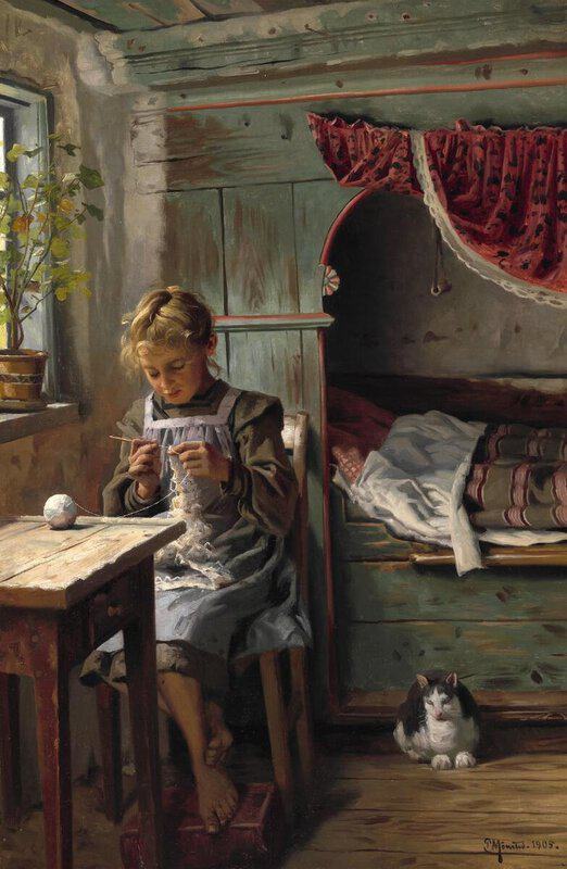 Monsted Peder Interior From A Peasant S House With A Young Girl Crocheting By The Window 1905 museum quality