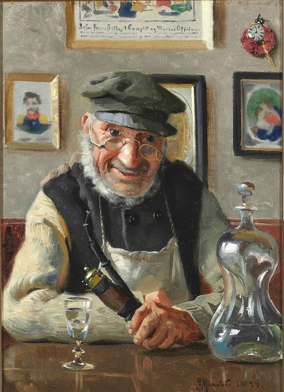 Monsted Peder Interior With An Old Man Enjoying His Pipe And An Akvavit 1894 museum quality