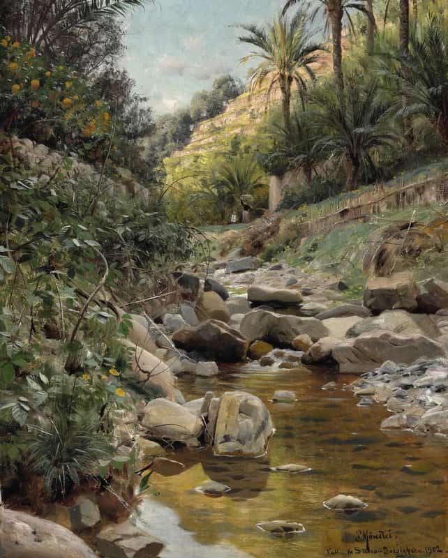 Monsted Peder Italian Landscape From A Valley In Sasso-bordighera 1902 museum quality