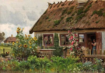art oil painting reproduction of  Monsted Peder Knitting Girl In The Doorway 1909 museum quality handmade