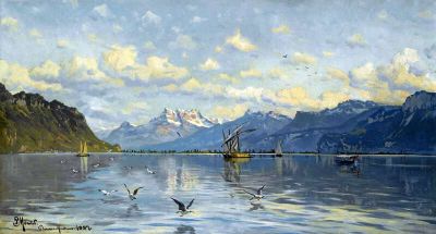art oil painting reproduction of  Monsted Peder Lake Leman Near Montreux museum quality handmade
