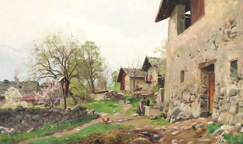 Monsted Peder Landscape From South Tyrol Italy With A Woman At The Well 1913 museum quality
