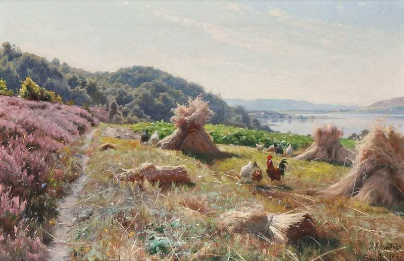 Monsted Peder Landscape Near Sokilde With Hens In A Cornfield 1930 museum quality