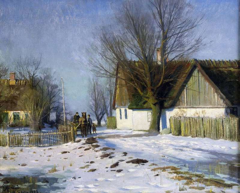 Monsted Peder Lilla Sorup - Soligt Vinterlandskap Med Hast Och Vagn 1922 museum quality