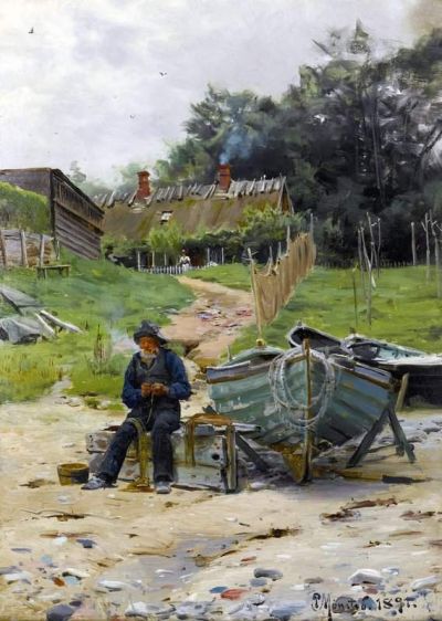 art oil painting reproduction of  Monsted Peder Mending The Nets 1891 museum quality handmade