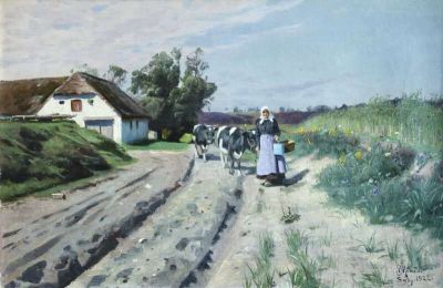 art oil painting reproduction of  Monsted Peder Milking Time - Saeby Jutland 1922 museum quality handmade