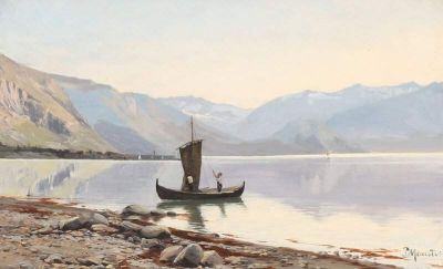 art oil painting reproduction of  Monsted Peder Mountainous Lake View With A Fishing Boat Close To The Shore museum quality handmade