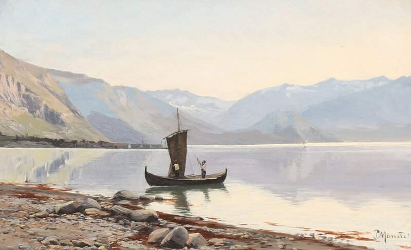 Monsted Peder Mountainous Lake View With A Fishing Boat Close To The Shore museum quality