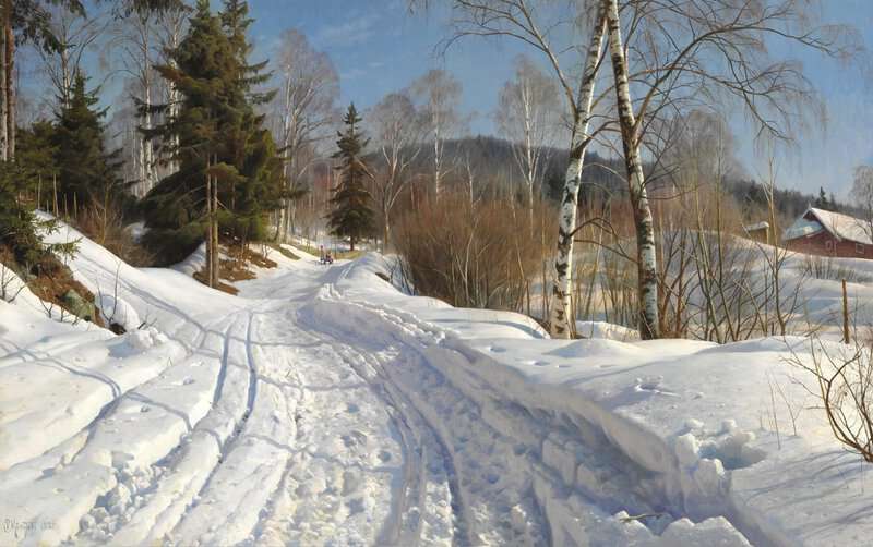 Monsted Peder Norwegian Winter Landscape With Children On A Sledging 1920 museum quality