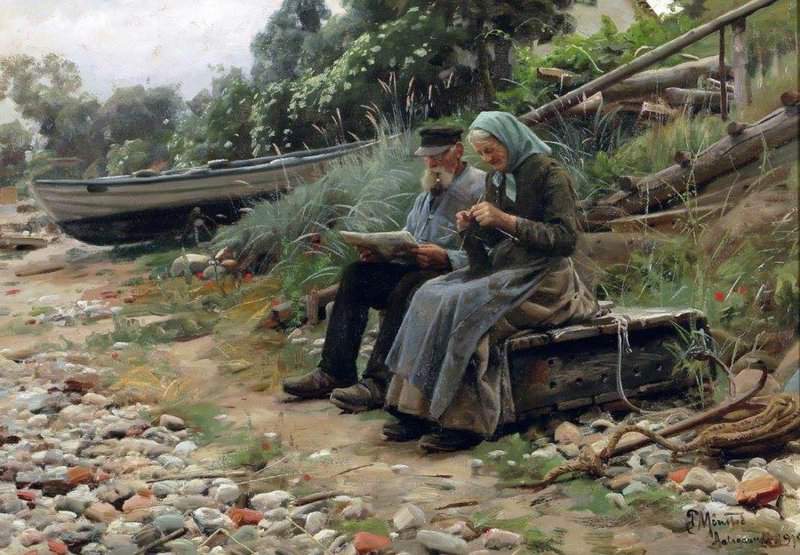 Monsted Peder Old Peasant Couple Sitting On The Shore 1919 museum quality