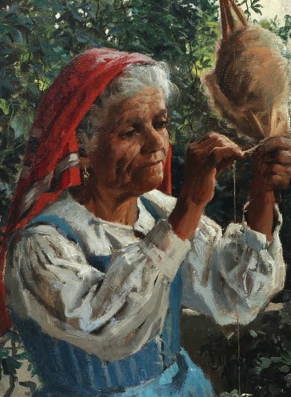 Monsted Peder Portrait From The South With A Woman Spinning Wool 1885 museum quality
