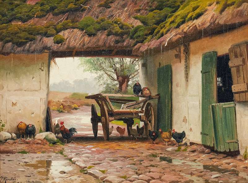Monsted Peder Poultry Hiding From The Rain At A Farm House At Tystrup 1918 museum quality