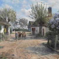 Monsted Peder Pring Day In Lundby. A Shepherd Lad Leads Two Cows Through The Village