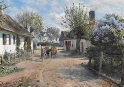 art oil painting reproduction of  Monsted Peder Pring Day In Lundby. A Shepherd Lad Leads Two Cows Through The Village museum quality handmade