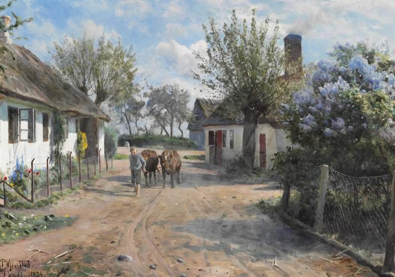 Monsted Peder Pring Day In Lundby. A Shepherd Lad Leads Two Cows Through The Village museum quality