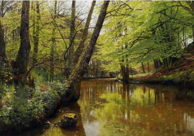 art oil painting reproduction of  Monsted Peder River Flowing Through A Tranquil Forest 1904 museum quality handmade