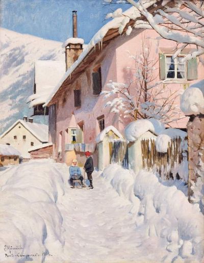 art oil painting reproduction of  Monsted Peder Sleigh Ride In The Alps 1916 museum quality handmade