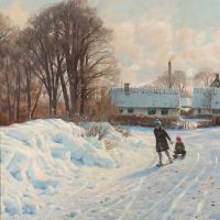 Monsted Peder Sleighriding Children On A Snowcovered Road 1928