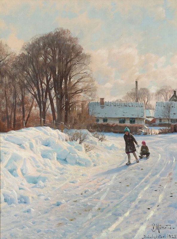 Monsted Peder Sleighriding Children On A Snowcovered Road 1928 museum quality