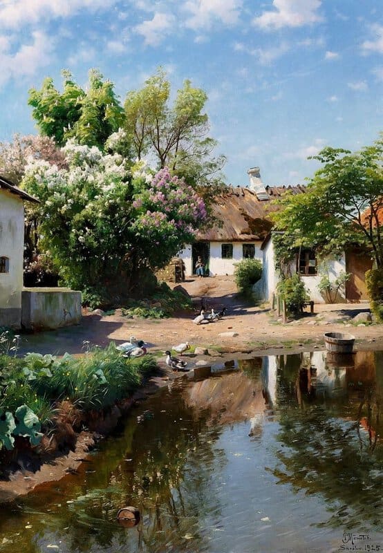 Monsted Peder Spring Day At A Thatched House With Blooming Lilacs 1925 museum quality