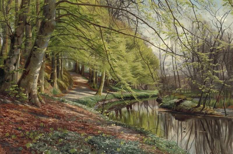Monsted Peder Spring Day In The Forest With Anemones By A Stream 1898 museum quality