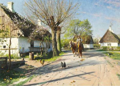 art oil painting reproduction of  Monsted Peder Spring Day In Vallensb K The Horses Are Being Ridden Through The Village museum quality handmade