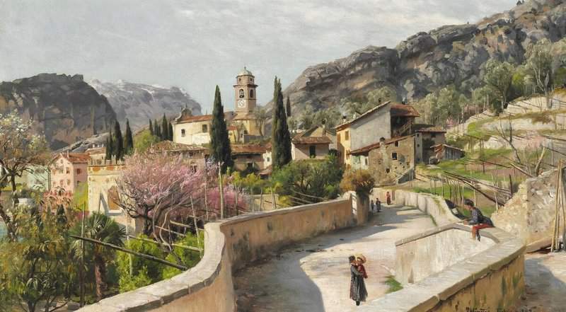Monsted Peder Spring Day With Fruit Trees In Bloom In Torbole At Lake Garda 1909 museum quality