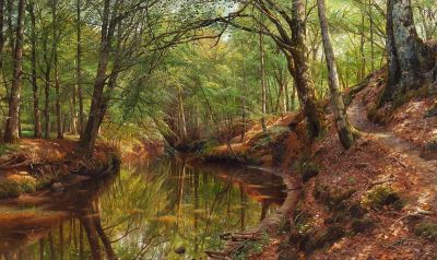 art oil painting reproduction of  Monsted Peder Spring In S By Forest. New-leaved Beeches Reflecting In The Water 1915 museum quality handmade