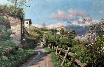 art oil painting reproduction of  Monsted Peder Spring Landscape In Tyrol 1913 museum quality handmade