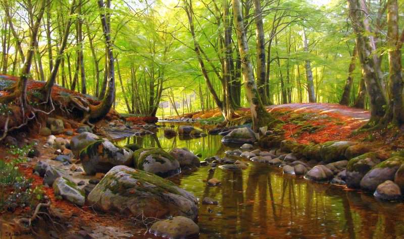 Monsted Peder Springday In The Forest Near A Stream With Beeches And Anemones In Bloom 1899 museum quality