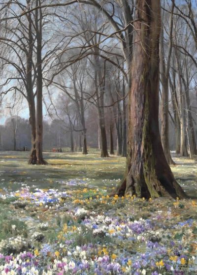 art oil painting reproduction of  Monsted Peder Springtime. Crocuses In Bloom. Frederiksberg Garden museum quality handmade