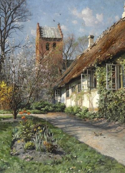 art oil painting reproduction of  Monsted Peder Springtime At Stenlose Church 1919 museum quality handmade