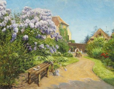art oil painting reproduction of  Monsted Peder Springtime With Lilacs In Bloom. Presumably From Skagen 1912 museum quality handmade
