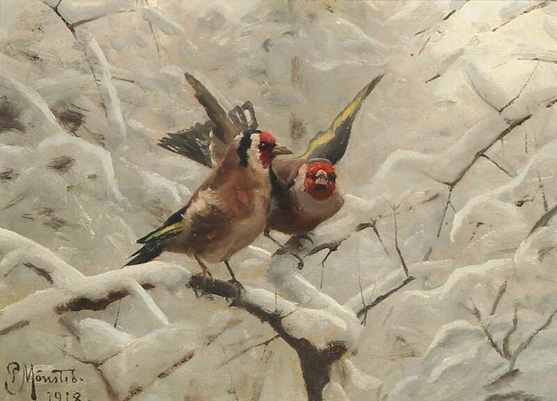 Monsted Peder Stillits Birds In Wintertime - Carduelis Carduelis 1918 museum quality