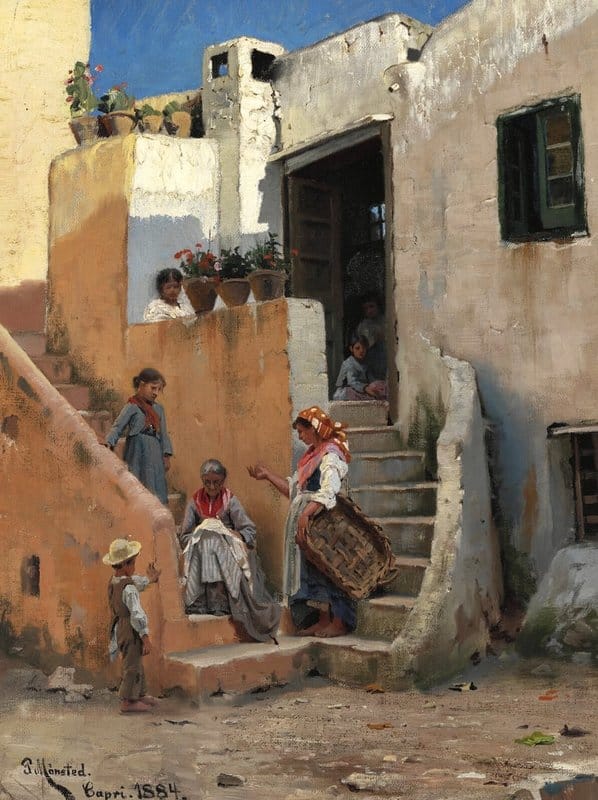 Monsted Peder Street Scene From Capri With Women And Children On A Staircase 1884 museum quality