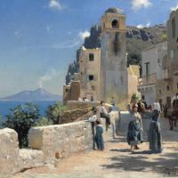 Monsted Peder Street View From Capri With The Bay Of Naples And A Smoking Vesuvius In The Distance 1885