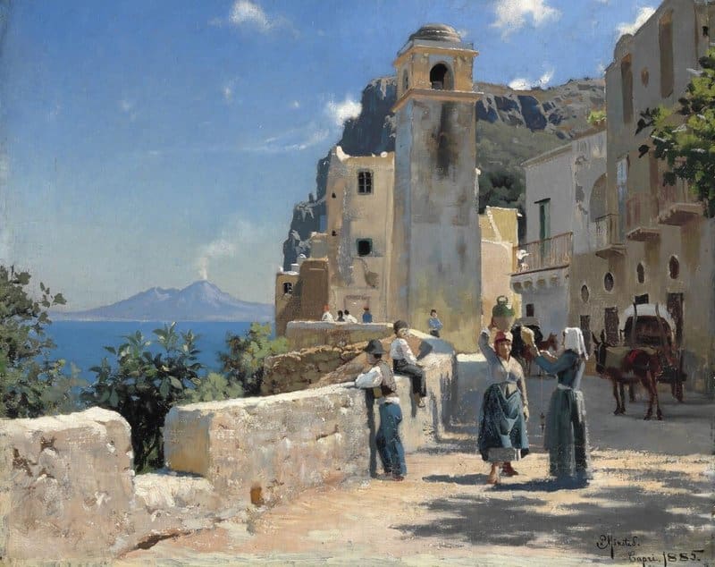 Monsted Peder Street View From Capri With The Bay Of Naples And A Smoking Vesuvius In The Distance 1885 museum quality