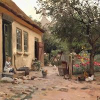 Monsted Peder Summer Day Behind A Farmhouse. A Little Girl Sits On The Steps 1917