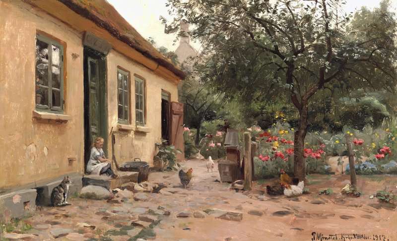 Monsted Peder Summer Day Behind A Farmhouse. A Little Girl Sits On The Steps 1917 museum quality