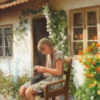 Monsted Peder Summer Day With A Young Girl Knitting In Front Of A Thatched Cottage 1939