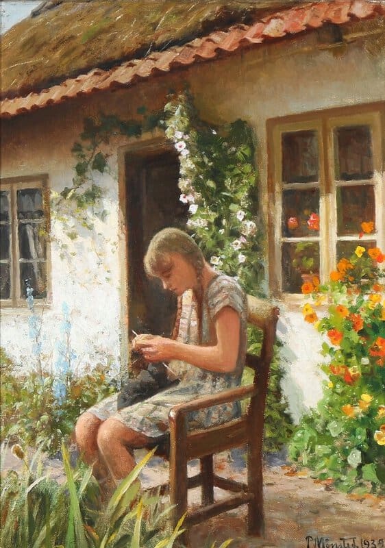 Monsted Peder Summer Day With A Young Girl Knitting In Front Of A Thatched Cottage 1939 museum quality
